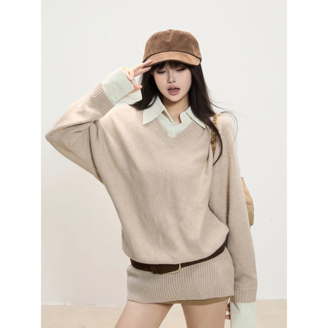 withmin凉皮 米兰秋天 辣妹假两件衬衫拼接连衣裙针织上衣2524268