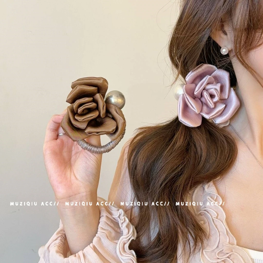 木子秋超仙缎面玫瑰花发圈头绳高级感气质时尚复古简约搭丸子发饰