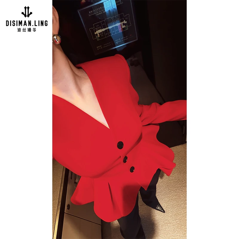 【迪丝嫚苓】红色醋酯西服外套时尚气质百搭修身原创设计小众女外搭
