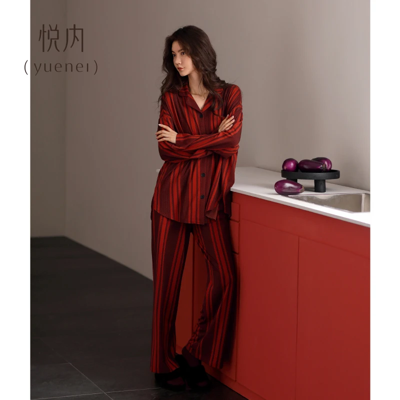 悦内睡衣女士春秋款长袖纯棉红色家居服秋冬本命年马年高级感条纹