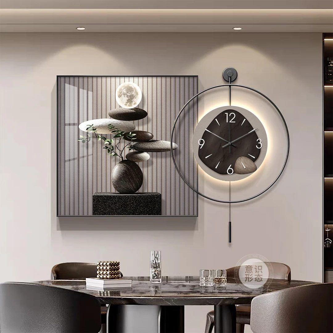石来运转餐厅装饰画轻奢餐桌背景墙挂画简约现代led灯带钟表挂钟