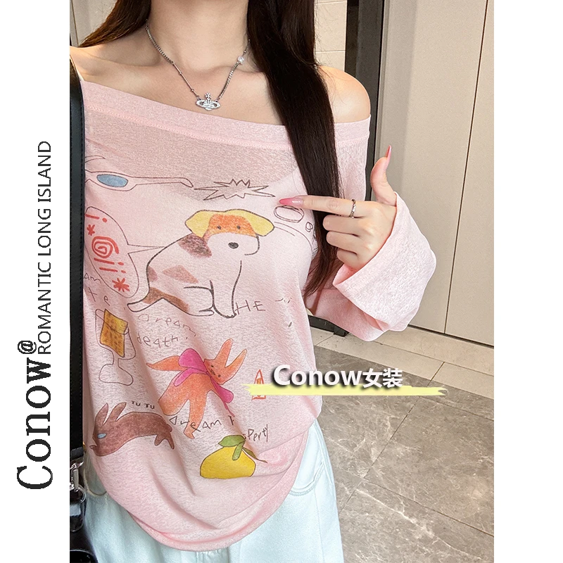 慵懒风长袖防晒罩衫夏季新款时尚可爱卡通字母动物印花T恤女