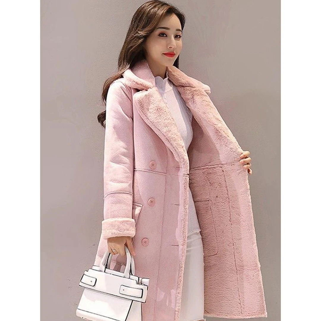 外套女韩版冬季加加厚麂皮大衣中长款皮毛一体翻领衣