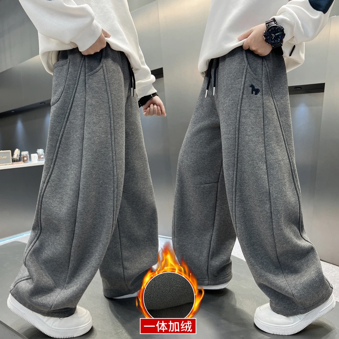 男童秋冬款卫裤加绒加厚2025新款一体绒大童冬季运动儿童直筒裤子