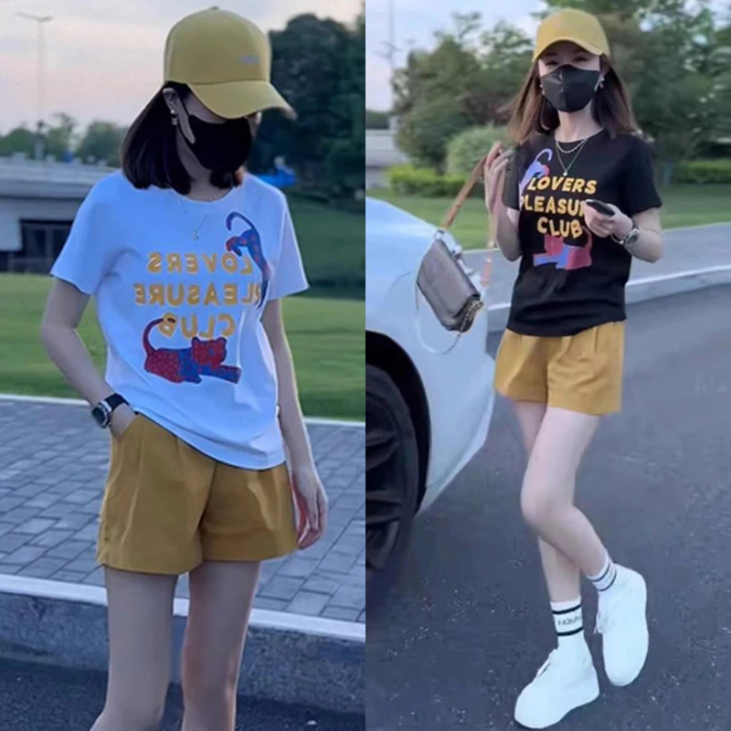 美式印花T恤短裤时尚套装女2025夏季新款韩系小众通勤时髦两件套