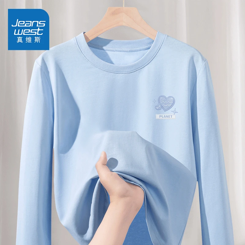 ZD真维斯蓝色纯棉长袖女上衣薄款秋季内搭圆领上衣女韩系ins衣服