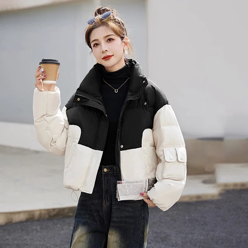 撞色拼接短款上衣女 冬季新款韩系宽松加厚面包服休闲外套 8016