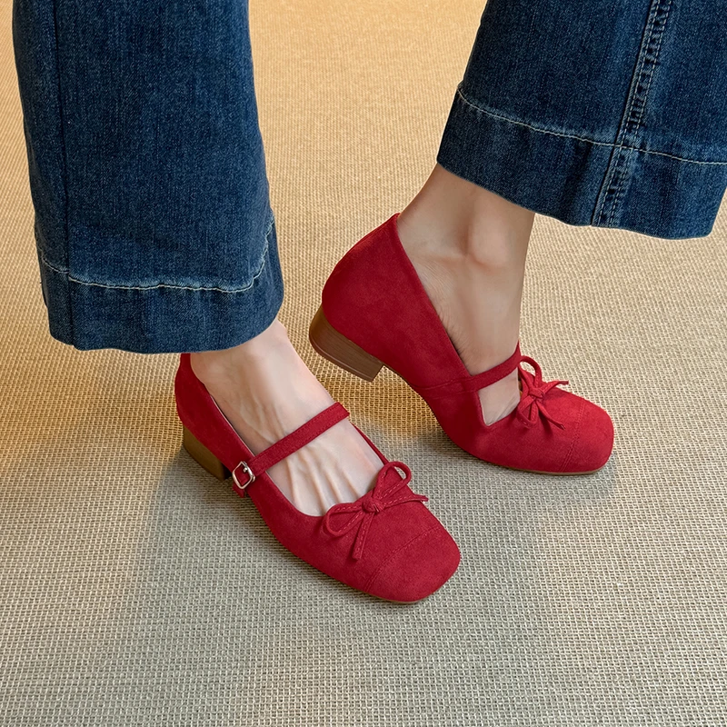 【小个子女鞋】复古红色玛丽珍小码女鞋一字带小单鞋2025时尚蝴蝶结