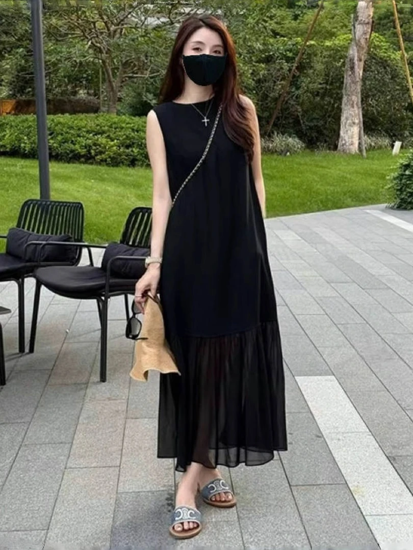 欧货高级感网纱拼接醋酸无袖连衣裙女夏季赫本风优雅精致背心长裙