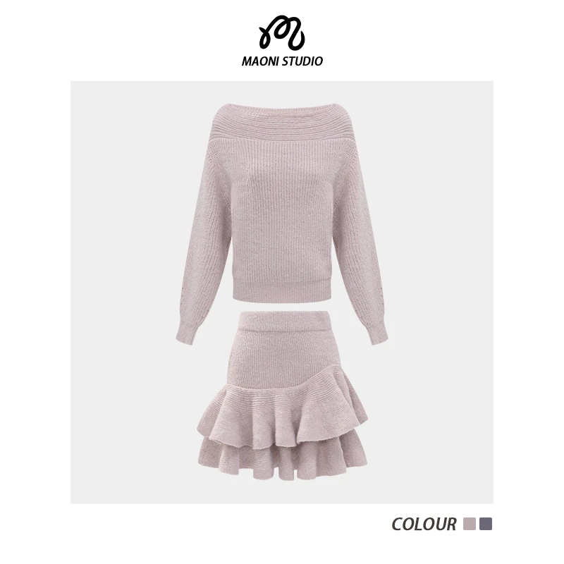 毛妮LADIESFIRST温柔风斜领毛衣套装长袖上衣+高腰A字半身裙L2860