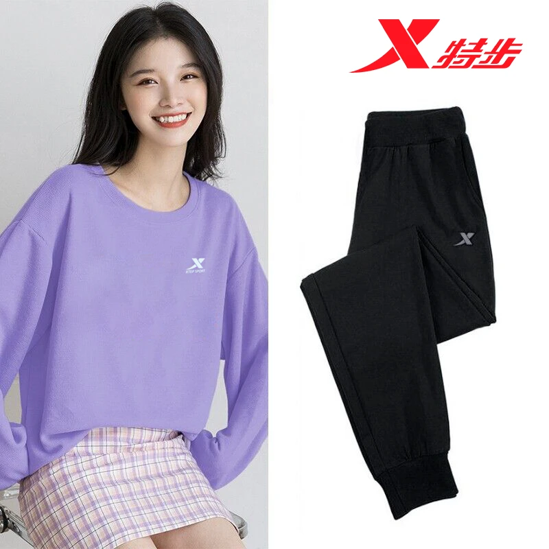 特步运动套装女2025春季长袖长裤卫衣卫裤圆领休闲跑步两件套女装