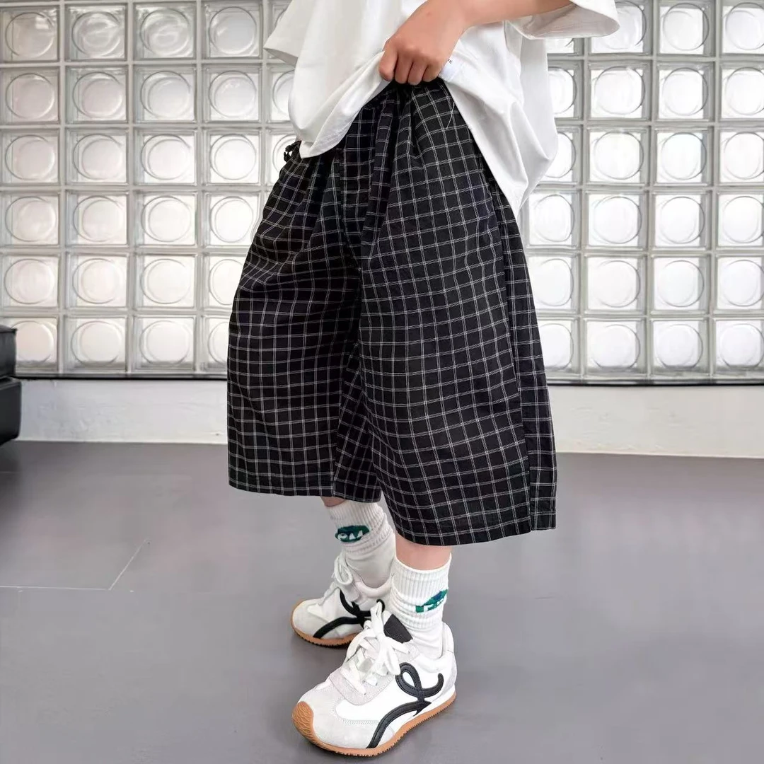 506062  韩版男童女童时尚洋气百搭休闲格子休闲中裤
