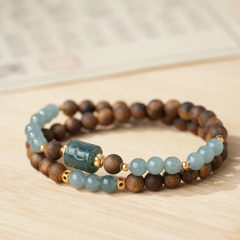 沉香【千山里】 高结油奇楠沉香6mm＋路路通蓝水翡翠顶珠双圈设计款