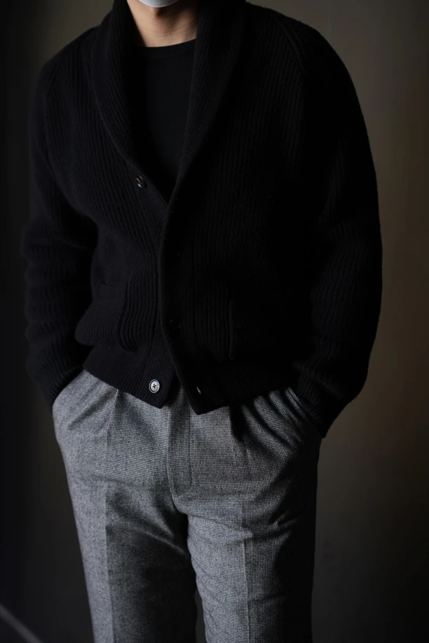 90S澳毛重磅手工青果领开衫男士 都市优雅时髦高腰羊毛针织开衫