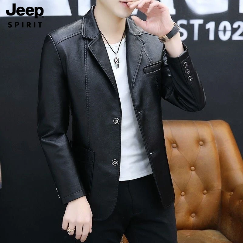 JEEPSPIRIT专柜皮夹克男士薄款皮衣潮流修身休闲百搭西服加绒外套