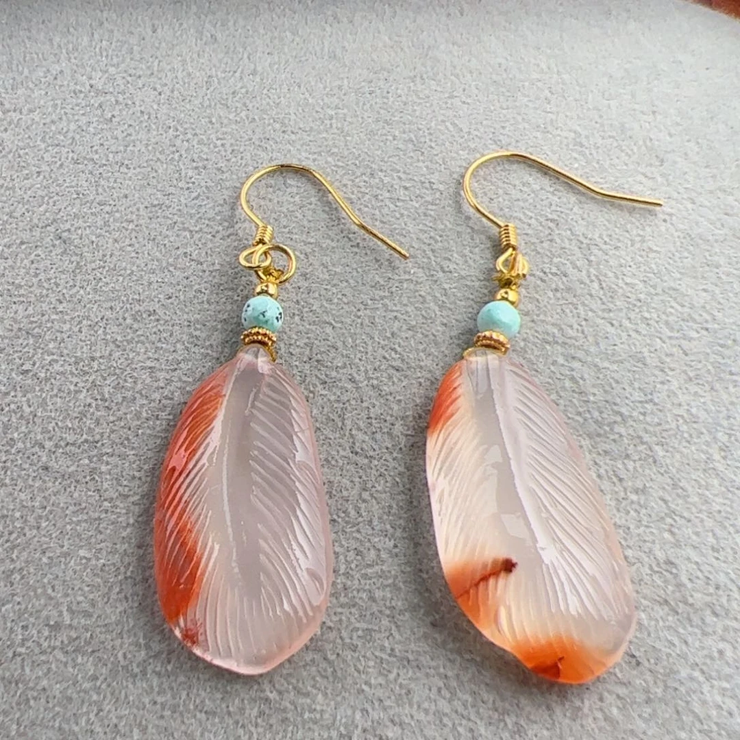 南红玛瑙（羽毛耳钩26*13）银S925镶嵌