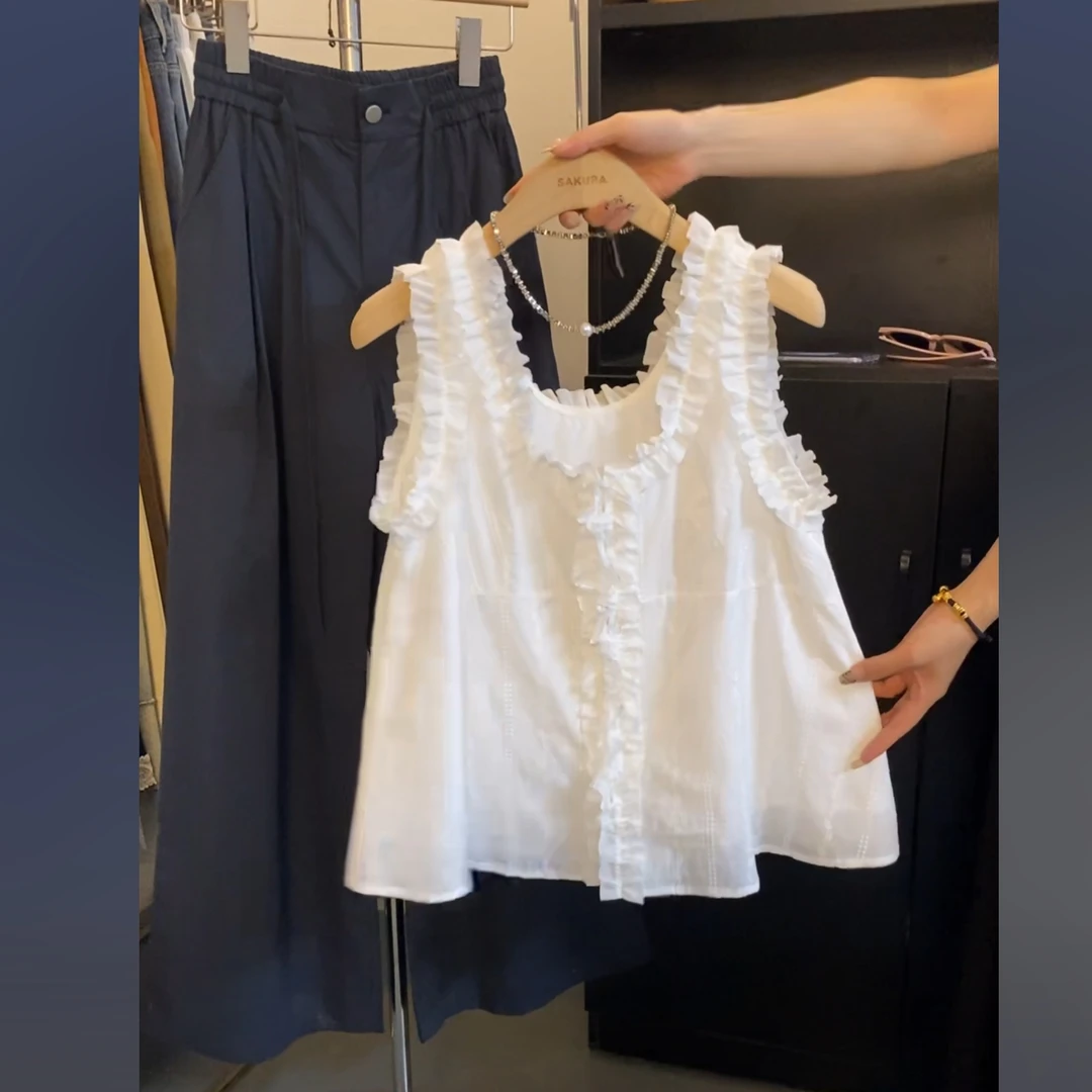 韩版女装V领甜美 蕾丝重工刺绣拼接纯色木耳边花边无袖衬衫1298