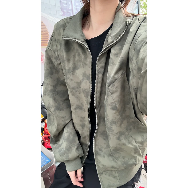 美式复古扎染立领外套男款春秋冬季潮牌宽松大码休闲男生简约夹克