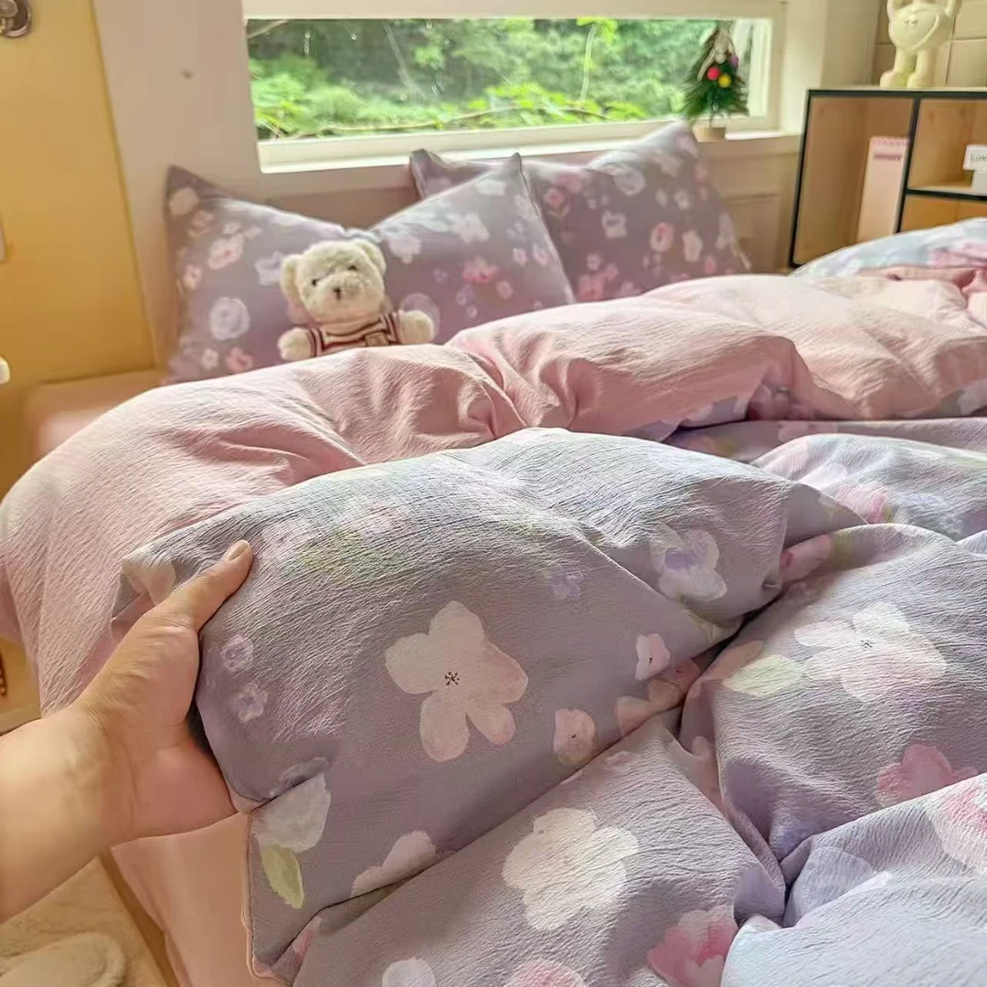 双层纱四件套被套印花被子床品被罩高密超柔贴身床上用品床单