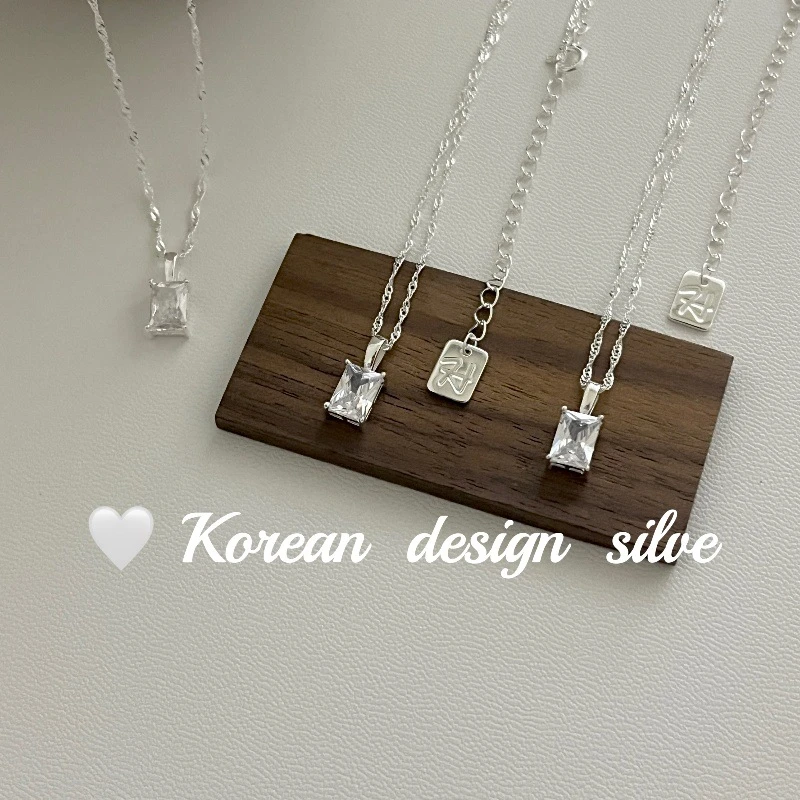 坠链均925银 韩国ins精致高级感银饰方形锆石项链气质小众女款