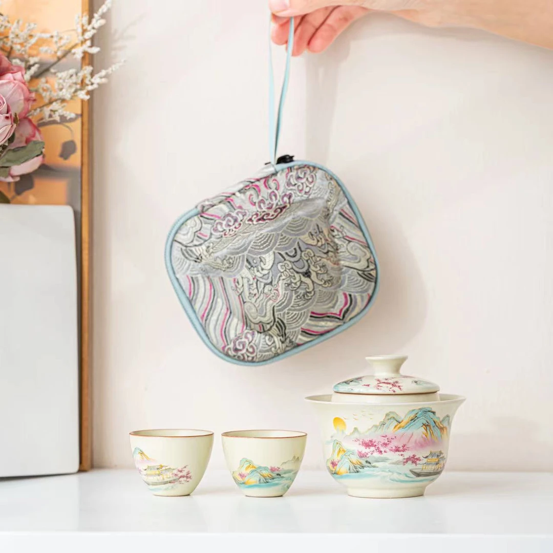 黄汝窑江山如画一壶两杯户外便携式家用旅行茶具