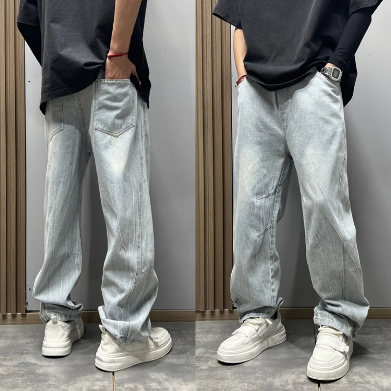美式高街潮流设计感水洗弯刀牛仔裤夏季薄款男士宽松直筒阔腿长裤