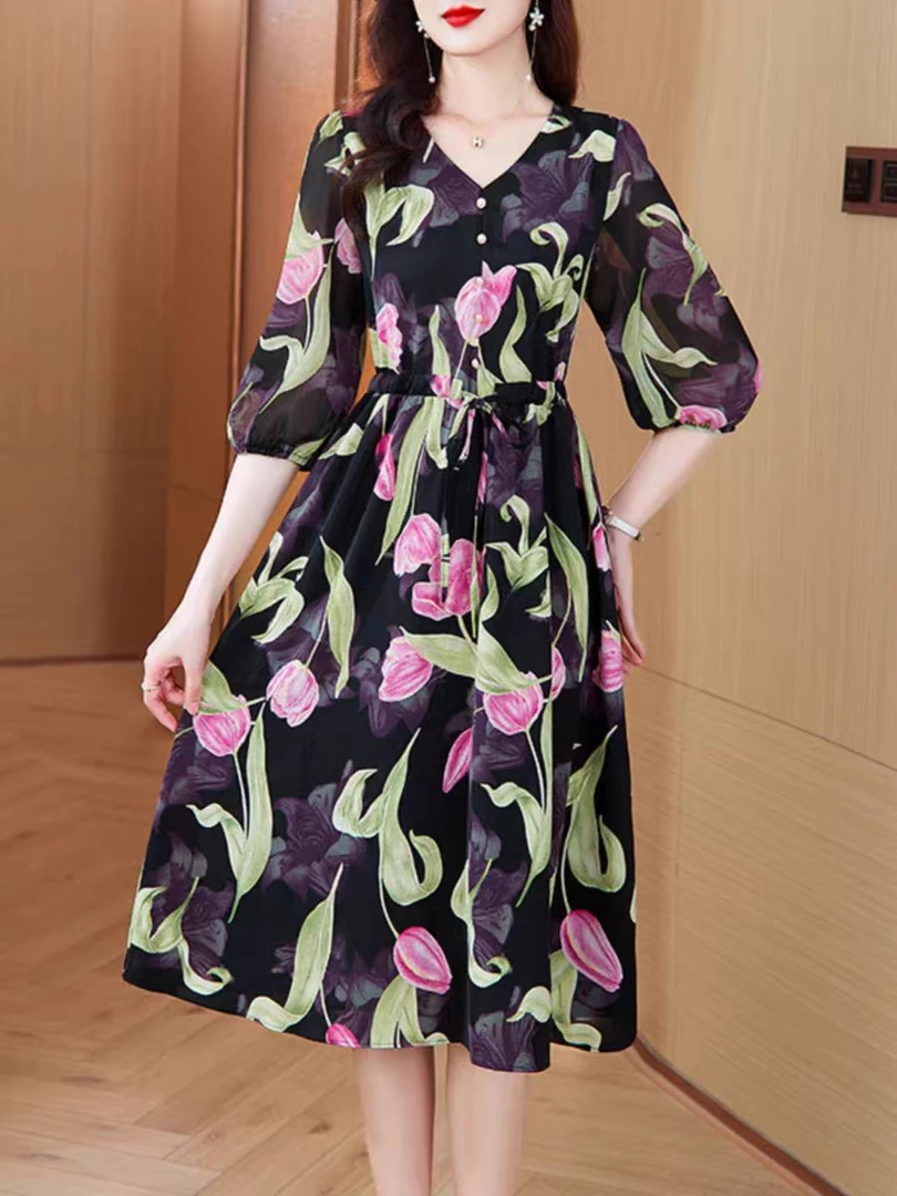 夏季新款时尚气质V领收腰显瘦碎花连衣裙S763