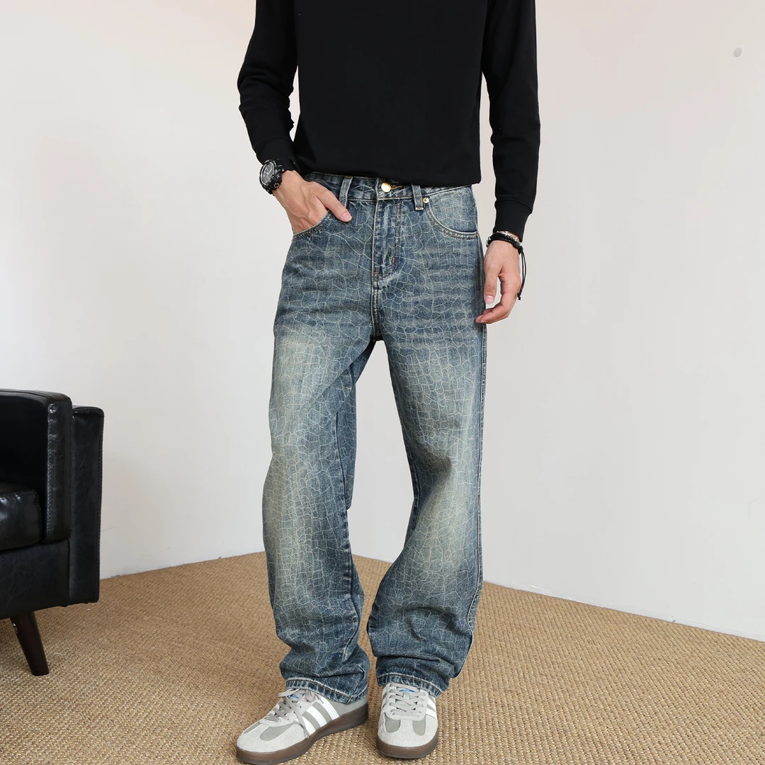 SYBBZ 秋冬美式宽松阔腿牛仔裤男款个性痞帅印花龙鳞纹宽松直筒裤