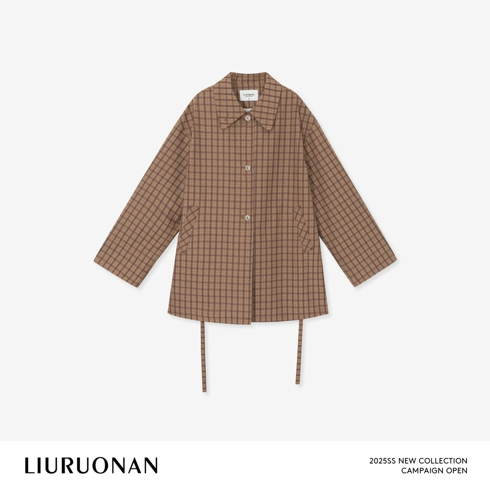LIURUONAN 25SS【霍格短风衣】复古格纹设计polo领长袖薄款长款外套