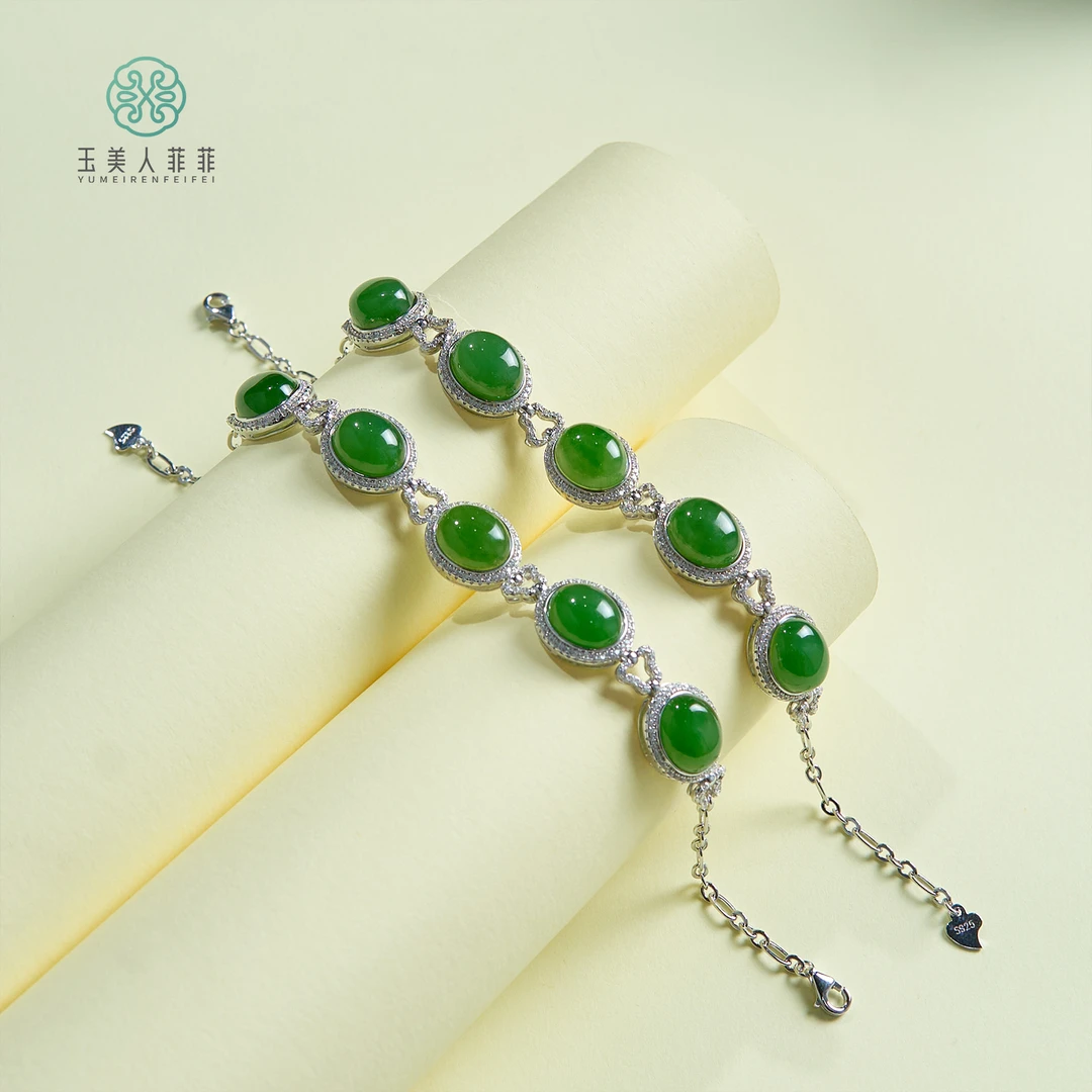 菲菲珠宝好~和田碧玉蛋面手链约9*11mm/多样性发一