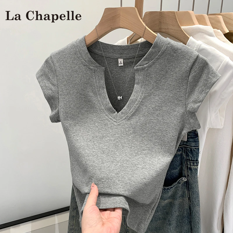拉夏贝尔正肩V领短袖t恤女夏季2025新款修身辣妹设计感小众短上衣
