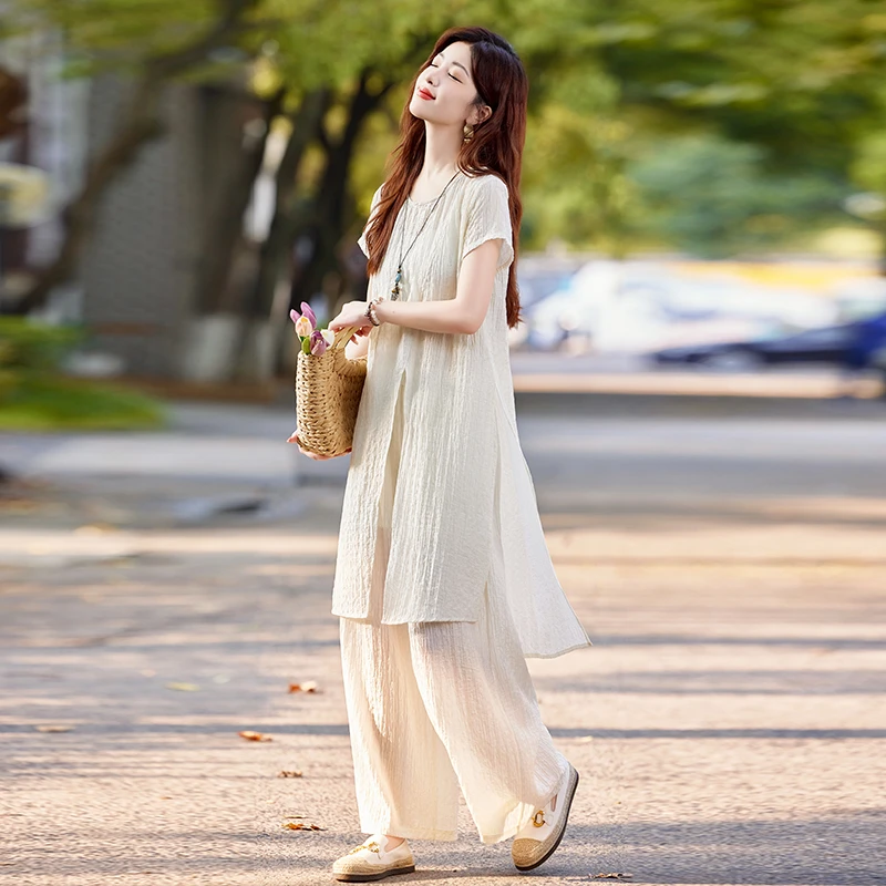 松弛感阔腿裤套装女2025夏装新款高端气质细褶开叉长衫上衣三件套