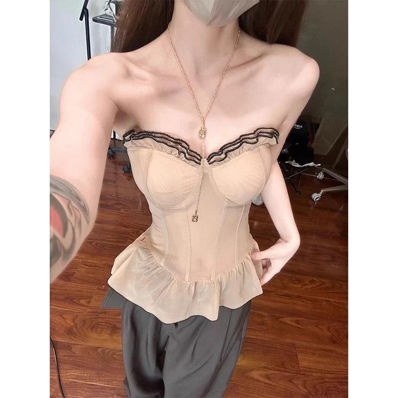 美式辣妹波点网纱拼接撞色抹胸背心女夏外穿修身显瘦短款无袖上衣