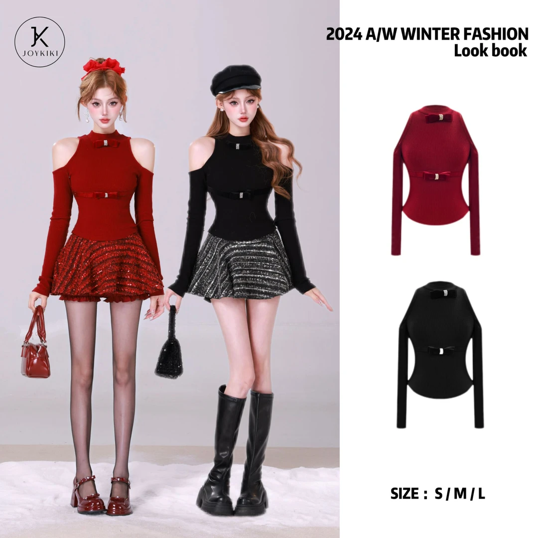 JOYKIKI金金【欲里气质】冬季纯欲辣妹露肩领结拼接套装J24D450