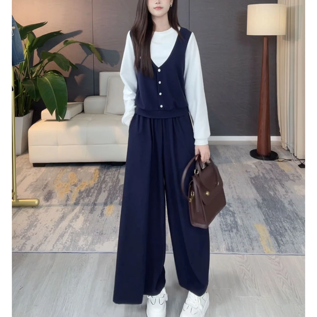 复古假两件拼接撞色上衣2025秋季新款时尚洋气休闲阔腿裤两件套潮