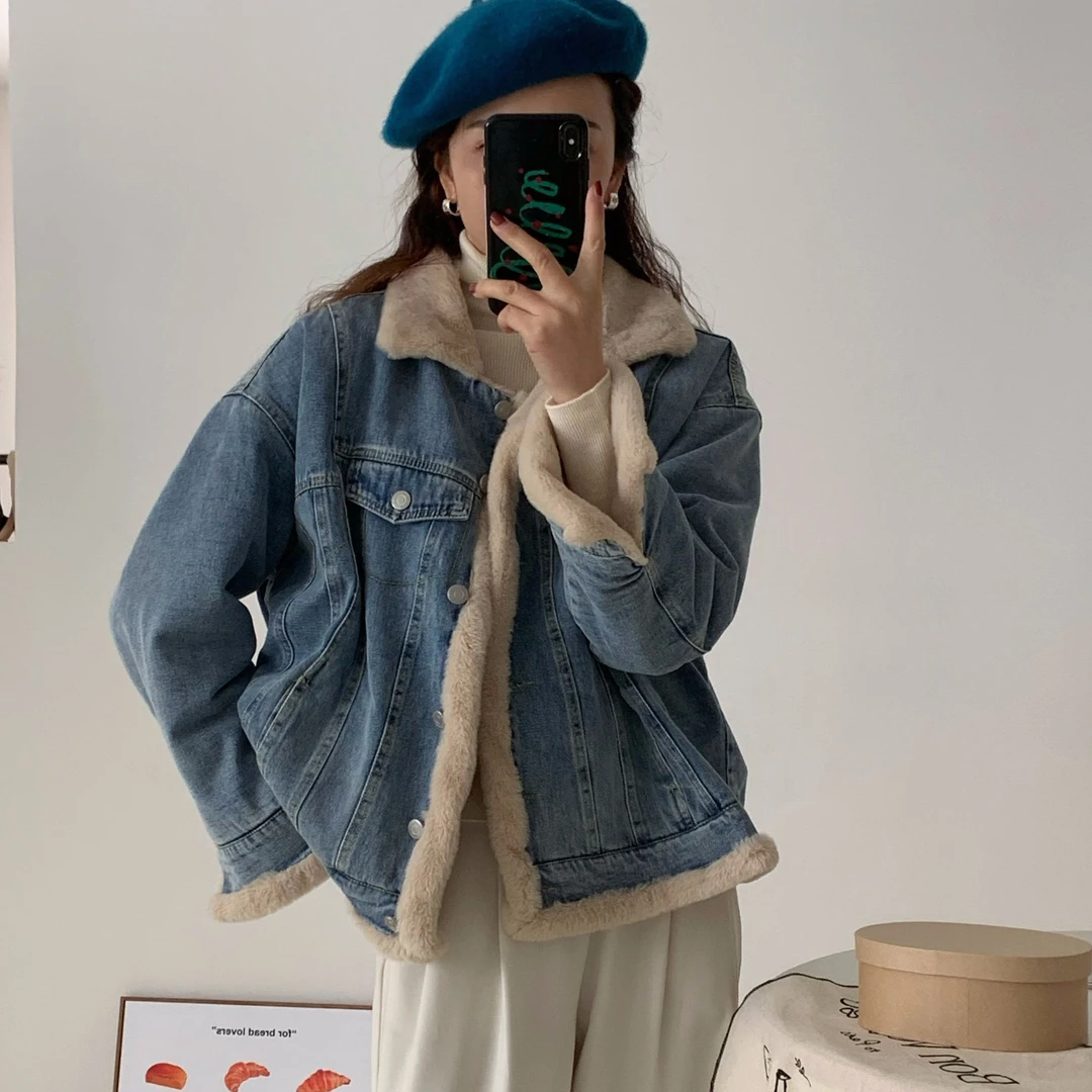 蓝色加绒牛仔外套女2025秋冬新款休闲加绒棉衣加厚派克服上衣冬装