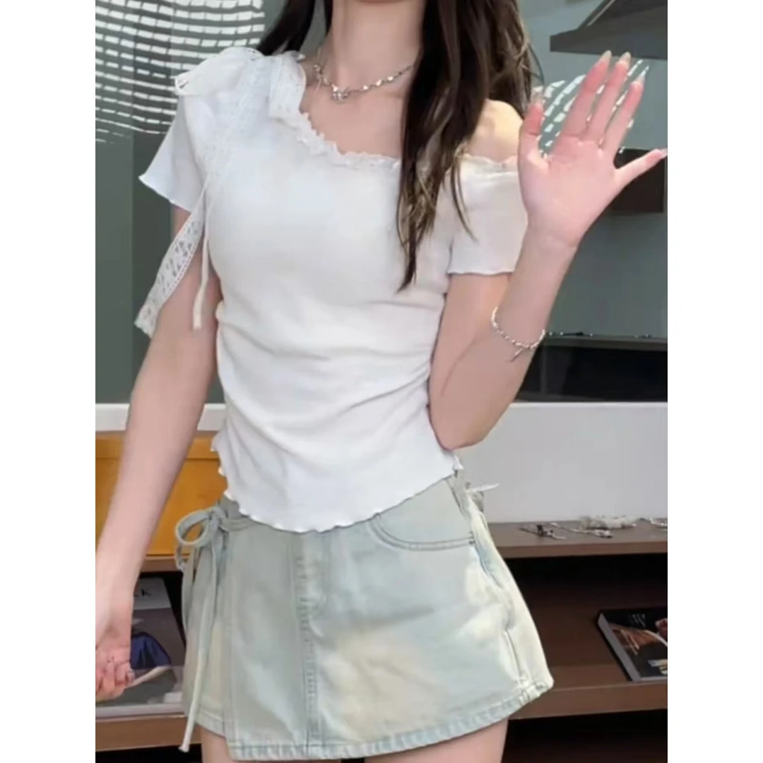 韩系纯欲露肩斜领蕾丝纯色短袖T恤女春夏新款高级感修身显瘦上衣