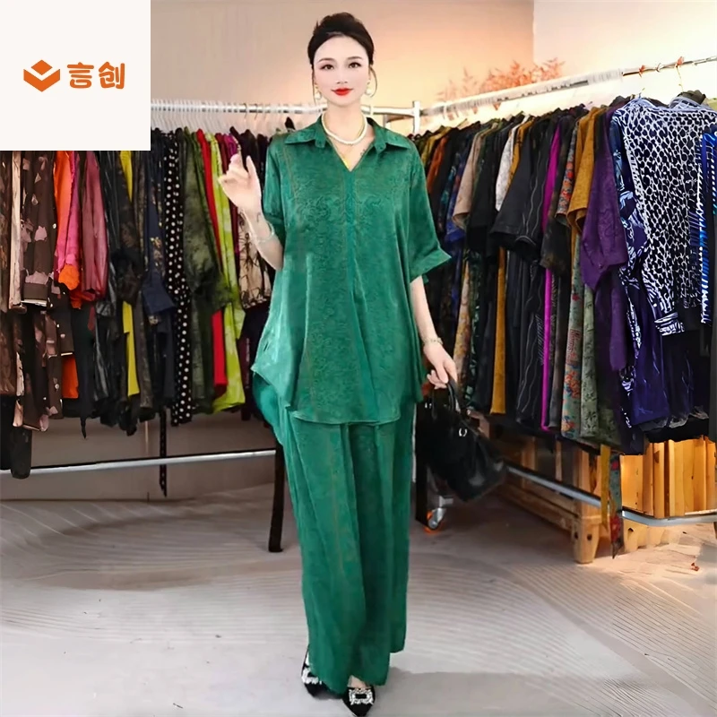 331高端夏季时尚气质宽松显瘦遮肉中长款大版衬衫阔腿裤两件套装