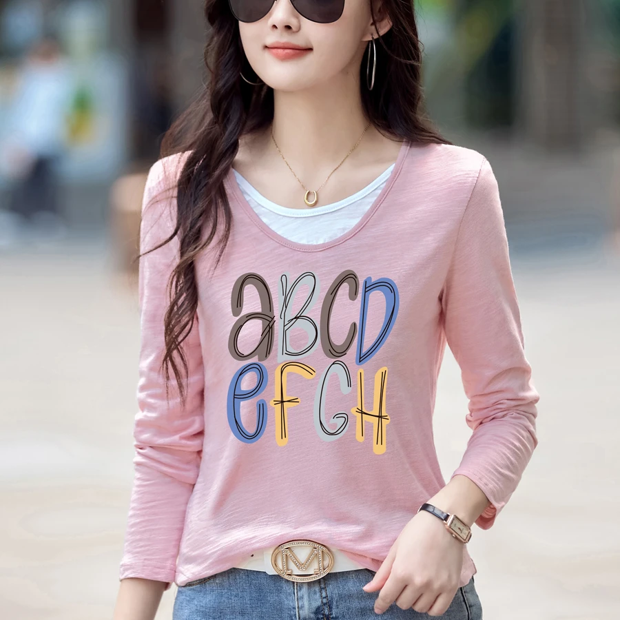 2025秋季新款大码女装假两件设计竹节棉休闲宽松长袖t恤女打底衫