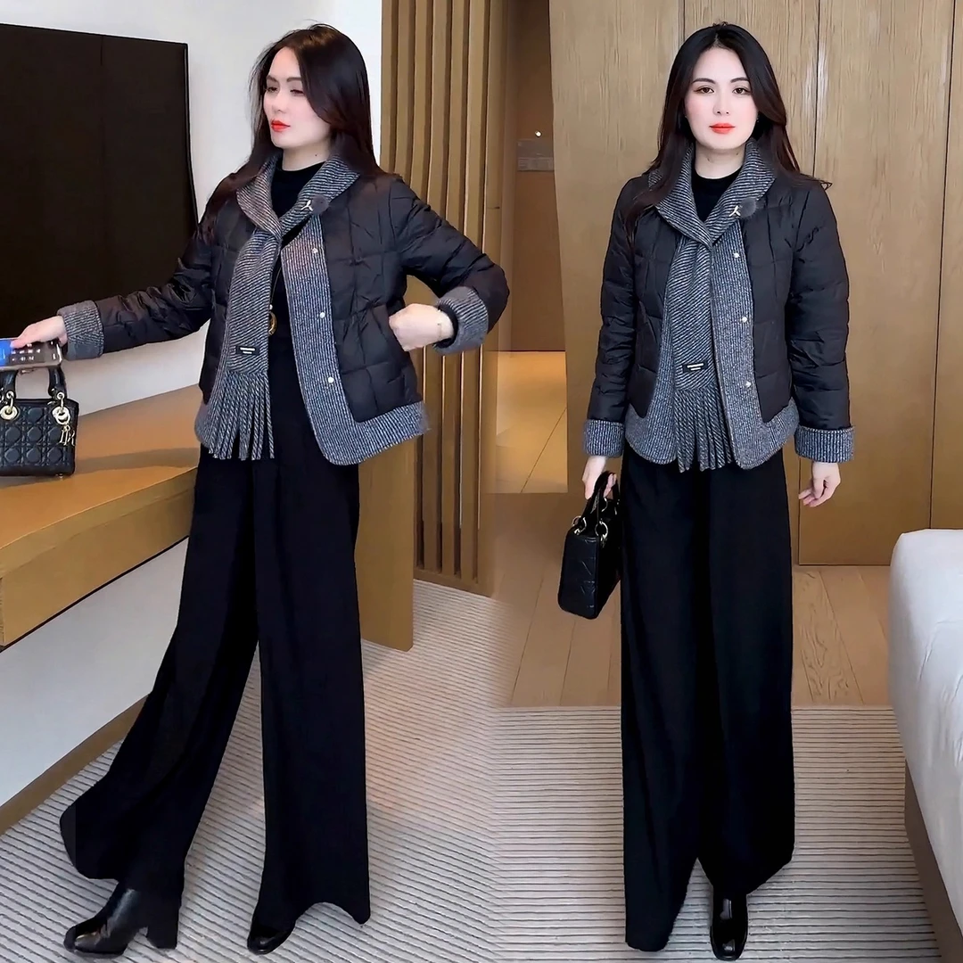 时尚加厚棉服女2025冬季新款洋气围巾条纹拼接棉衣气质保暖短外套