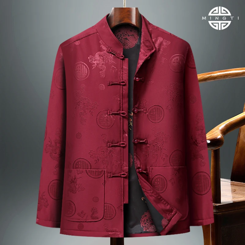 中老年男士春季长袖爸爸外套加绒宽松复古中式立领中国风爷爷套装