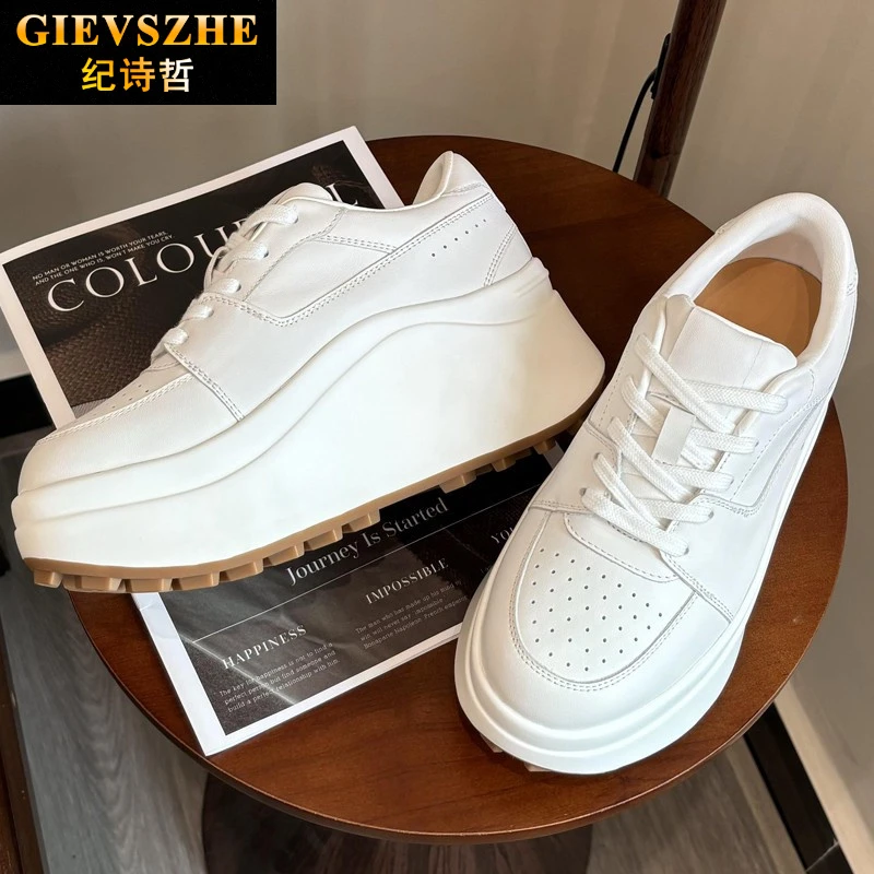纪诗哲女鞋新款增高松糕厚底小白鞋女轻奢系带时尚潮流休闲运动鞋