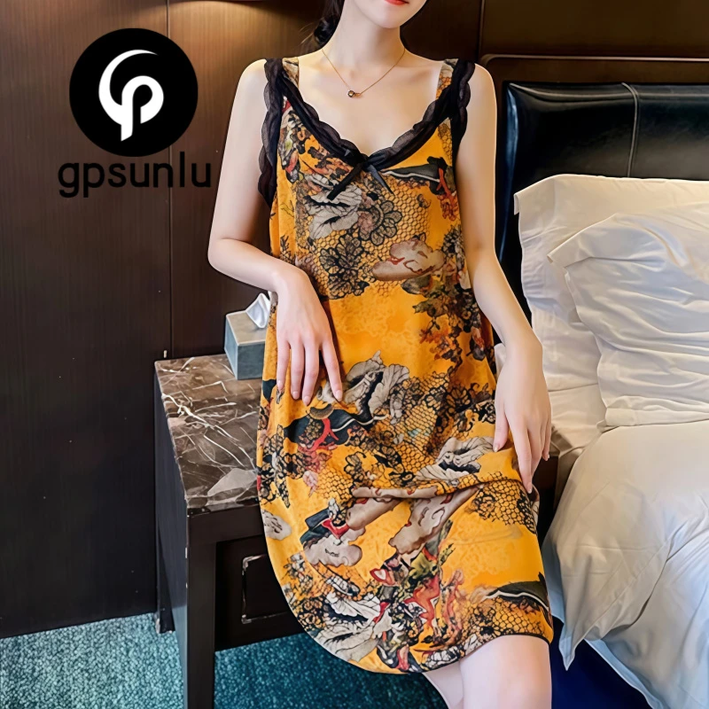 GPSUNLU空调服薄款V领印花冰丝睡裙中式风妈妈睡衣女夏季大码