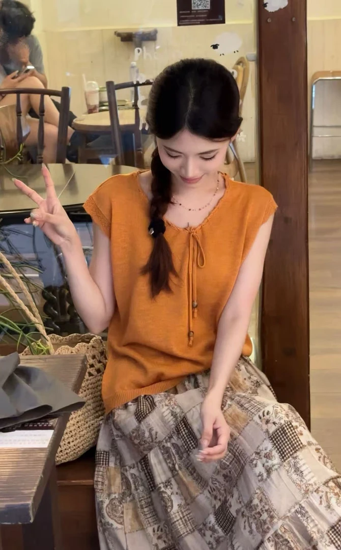 【NO退NO换】韩系甜美V领系带慵懒无袖小衫47988（衣长54）