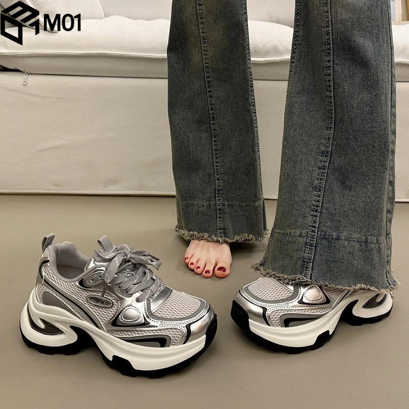 M01松糕厚底老爹鞋女小个子增高2025超火新款秋季银色运动休闲鞋