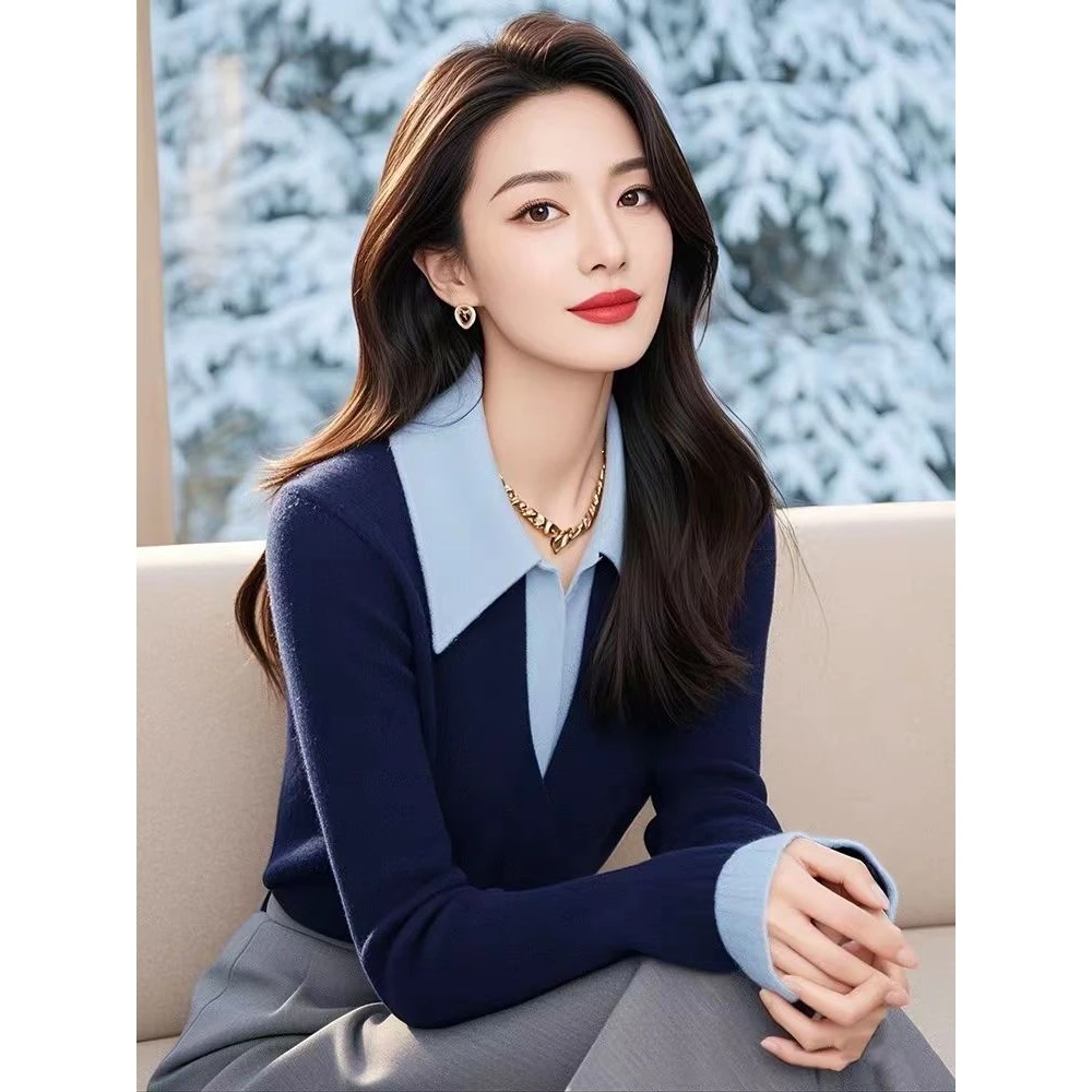 2025秋冬季内搭独特别致气质上衣蓝色拼接毛衣polo领针织打底衫女