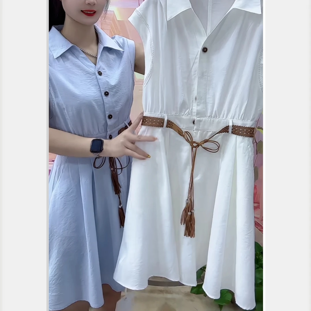 欧货2025夏季新款气质衬衫百搭时尚优雅收腰无袖显瘦连衣裙裙子女