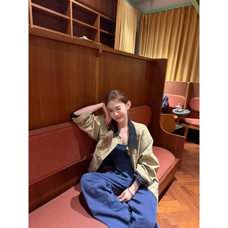 美式设计感翻领撞色夹克外套叠穿搭性感吊带秋冬高腰时尚阔腿长裤