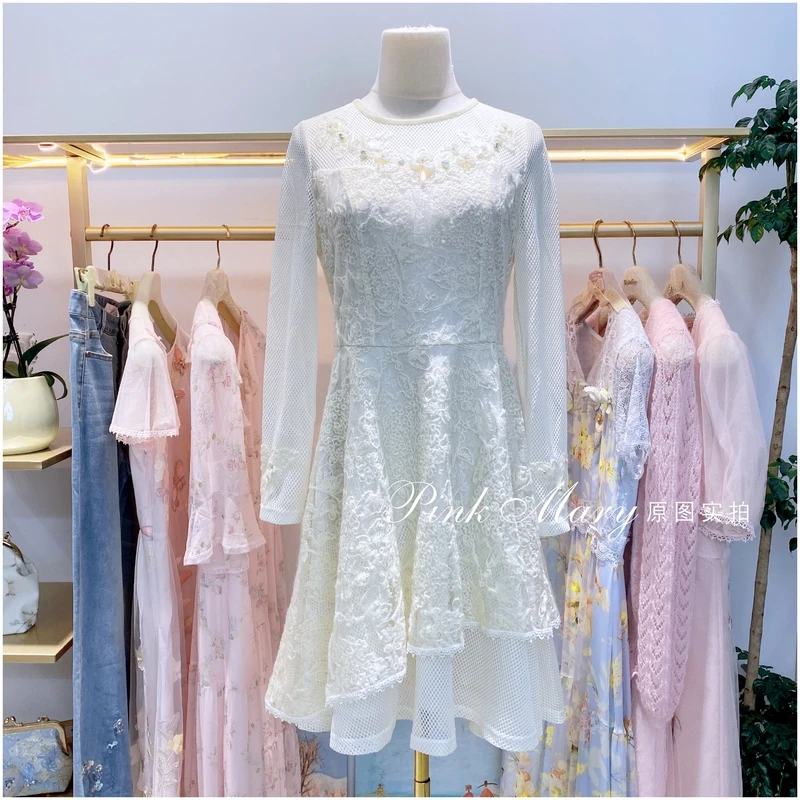 PinkMary粉红玛琍米白色圆领长袖连衣裙女装女士子女时尚秋冬蕾丝
