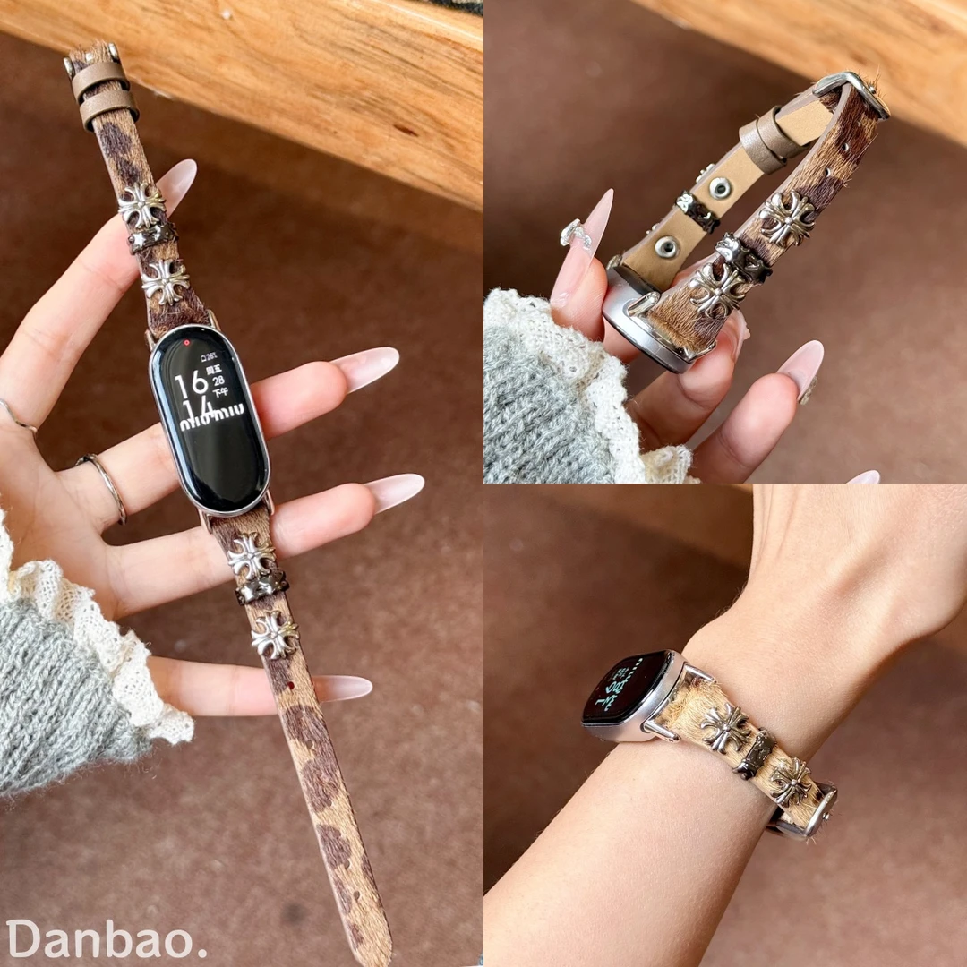 《克罗心豹纹表带》适用小米手环10新款真皮表带高级秋冬款9时尚8女